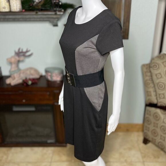 Roulette Black Gray Colorblock Side Panels Short Cap Sleeves Belted Dress Size 4 - Picture 5 of 15